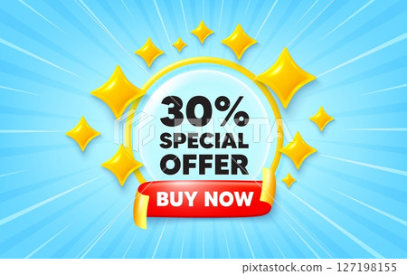 Discount sunburst ray banner. Buy now flag ribbon. 30 percent discount offer tag. Sale price promo sign. Special offer symbol. 3d stars glitter. Red ribbon tag. Discount offer. Vector 127198155