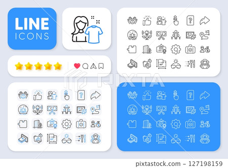 Group, Floor plan and Cash line icons for web app. Message, Share, Like social media icons. Pack of Statistics timer, Clean shirt, Swipe up pictogram icons. Vector 127198159
