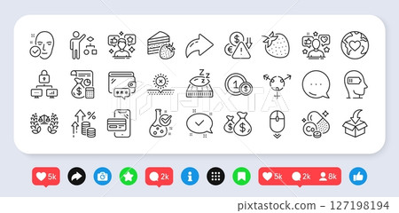 Wallet, Genders and Algorithm line icons pack. Social media: share, comment, like icons. No sun, Inflation, Accounting web icon. Cobalt mineral, Mattress, Chemistry lab pictogram. Vector 127198194