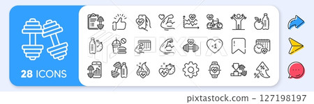 Fitness time line icons. Interest rate, AI generate, Inflation icons. Bike Workout, Strong Muscle Arm, Gym fit dumbbell. Training analysis, Workout plan and Cardio exercise line icons. Vector Fitness time line icons. Interest rate, AI generate, Inflation icons. Bike Workout, Strong Muscle Arm, Gym fit dumbbell. Training analysis, Workout plan and Cardio exercise line icons. Vector 127198197