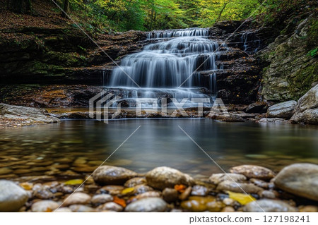 Flowing Harmony in Nature's Tranquil Embrace Near a Serene Waterfall. Generative AI Flowing Harmony in Nature's Tranquil Embrace Near a Serene Waterfall. Generative AI 127198241