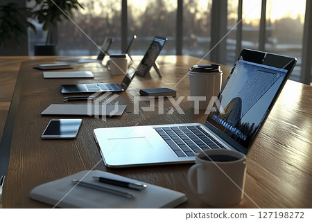 Laptops and Coffee Cups Create a Serene Workspace at Sunset. Generative AI 127198272