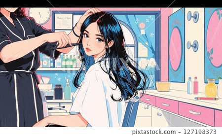 剪她的頭髮的婦女在美髮師 127198373