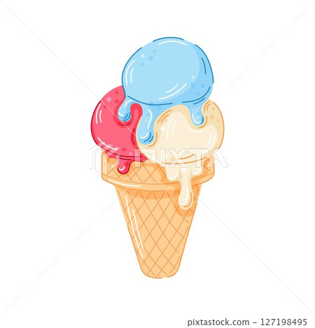 Ice cream cone with scoops of vanilla, strawberry or raspberry and mint or blueberry flavor in a waffle cone cartoon style. Perfect design for summer design and cafe menu. Ice cream cone with scoops of vanilla, strawberry or raspberry and mint or blueberry flavor in a waffle cone cartoon style. Perfect design for summer design and cafe menu. 127198495