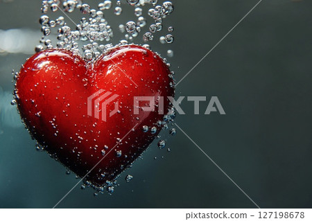 Heart Submerged in Water, Surrounded by Delicate Bubbles in Serene Calmness. Generative AI 127198678