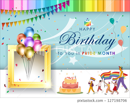 Celebrate Happy Birthday in Pride Month Moment with this vibrant vector template background, featuring a colorful LGBT rainbow design and joyful figures. Party for Pride Month campaigns . 127198706