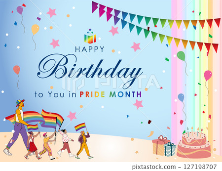 Celebrate Happy Birthday in Pride Month Moment with this vibrant vector template background, featuring a colorful LGBT rainbow design and joyful figures. Party for Pride Month campaigns . 127198707