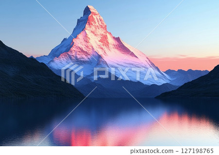 Mountain Peak Radiates Vibrant Colors at Dusk, Reflecting in Tranquil Waters. Generative AI 127198765