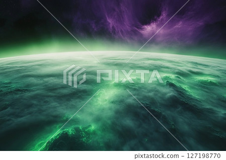 Glowing Fog Drapes Over a Mysterious Landscape Illuminated by Celestial Colors. Generative AI 127198770