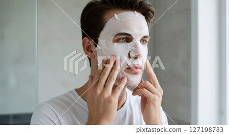 young man shaving cream on face in bathroom young man shaving cream on face in bathroom 127198783