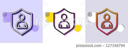 User Protection line icon. Halftone dotted pattern. Gradient icon with grain shadow. Profile Avatar with shield sign. Person silhouette symbol. Line security icon. Various designs. Vector 127198794