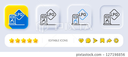 Gas station line icon. Neumorphic, Flat shadow, 3d buttons. Filling station sign. LPG fuel symbol. Line gas station icon. Social media icons. Vector Gas station line icon. Neumorphic, Flat shadow, 3d buttons. Filling station sign. LPG fuel symbol. Line gas station icon. Social media icons. Vector 127198856