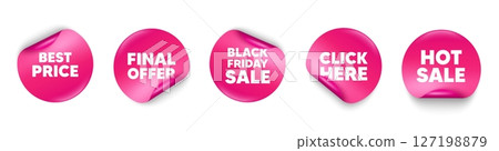 Best price sticker tag. Click here, Black friday paper price banners. Best Price tag. Special offer Sale sign. Advertising Discounts symbol. Hot sale sticker. Promo banners. Vector 127198879