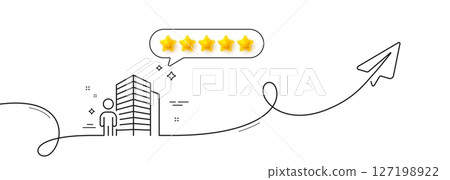 Agent line icon. Continuous line with share plane. Real estate realtor sign. Building architect symbol. Five star rate review in speech bubble. Agent single line ribbon. Loop curve pattern. Vector 127198922