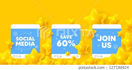 Discount social media post. Join us template mockup. Save 60 percent off tag. Sale Discount offer price sign. Special offer symbol. Like, comment and share icons. Vector 127198924