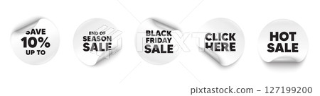 Discount sticker tag. Season sale, Black friday paper price banners. Save up to 10 percent. Discount Sale offer price sign. Special offer symbol. Click here sticker. Vector Discount sticker tag. Season sale, Black friday paper price banners. Save up to 10 percent. Discount Sale offer price sign. Special offer symbol. Click here sticker. Vector 127199200