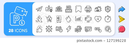 Parking security, Refrigerator and Paper plane line icons. Interest rate, AI generate, Inflation icons. Pack of Calendar, Power, Shopping icon. Bid offer, Print image, Click hand pictogram. Vector 127199228