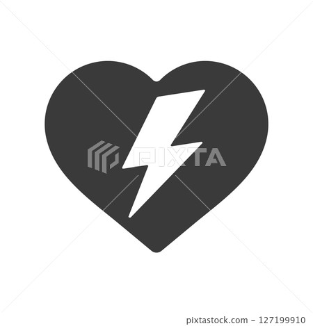 Black heart with lightning icon - Image of shock, chest pain, ventricular fibrillation, defibrillation, AED Black heart with lightning icon - Image of shock, chest pain, ventricular fibrillation, defibrillation, AED 127199910