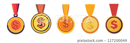 Five Gold Dollar Medals: Award Icons for Business Success Five Gold Dollar Medals: Award Icons for Business Success 127200049