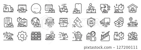 Delivery line icons. Settings gear, Message, Inflation icons. Return package, logistic service and delivery date set. Freight distribution, global export and courier truck line icons. Vector 127200111