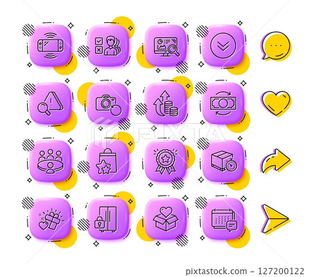 Delivery timer, Refrigerator and Game console line icons. App 3d buttons. Social media comment, share, like icons. Pack of Inflation, Meeting, Opinion icon. Vector Delivery timer, Refrigerator and Game console line icons. App 3d buttons. Social media comment, share, like icons. Pack of Inflation, Meeting, Opinion icon. Vector 127200122