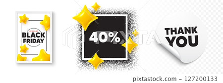 Discount photo frame 3d stars. Thank you sticker banner. 40 percent off sale tag. Discount offer price sign. Special offer symbol. Black friday poster. Promo background. Vector 127200133