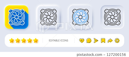 Computer cooler line icon. Neumorphic, Flat shadow, 3d buttons. PC fan component sign. Line computer fan icon. Social media icons. Vector Computer cooler line icon. Neumorphic, Flat shadow, 3d buttons. PC fan component sign. Line computer fan icon. Social media icons. Vector 127200156