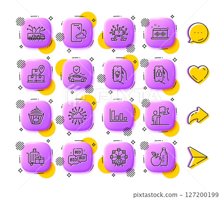 Locked app, Smartphone cloud and Baggage cart line icons. App 3d buttons. Social media comment, share, like icons. Pack of Electric app, Histogram, Teamwork question icon. Vector 127200199