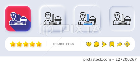 Cleaning service line icon. Neumorphic, Flat shadow, 3d buttons. Bucket with mop symbol. Washing Housekeeping equipment sign. Line cleaning service icon. Social media icons. Vector 127200267