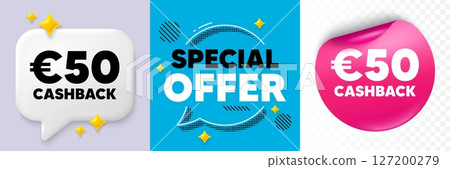 Cashback speech bubble. 3d sparkles chat, Paper sticker. 50 Eur cashback. Money back offer sign. Cash back promo symbol. Special offer bubble. Halftone dots pattern. Vector Cashback speech bubble. 3d sparkles chat, Paper sticker. 50 Eur cashback. Money back offer sign. Cash back promo symbol. Special offer bubble. Halftone dots pattern. Vector 127200279