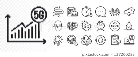 Vanadium mineral, Medical prescription and Face recognition line icons for web app. Glare of light effect. Message icon. Pack of Stress, Seo analysis, Music pictogram icons. Vector 127200282