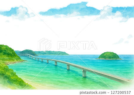 角島大橋和翠綠色的大海夏季旅行框架水彩風格插圖透明PNG 127200537