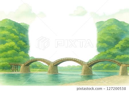 錦帶橋和夏季綠色山脈日式旅行框架水彩插圖透明PNG 錦帶橋和夏季綠色山脈日式旅行框架水彩插圖透明PNG 127200538