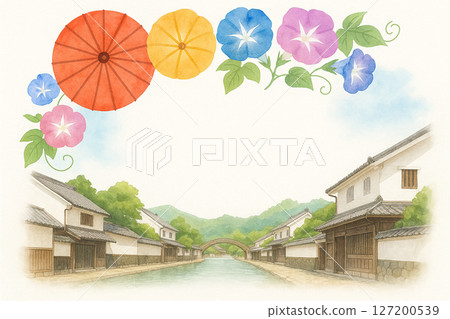 萩城城鎮和日本傘牽牛花夏季旅行框架水彩插圖透明PNG 萩城城鎮和日本傘牽牛花夏季旅行框架水彩插圖透明PNG 127200539