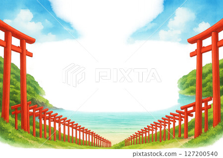 帶有元乃隅神社和藍天的夏季旅行框架水彩風格插圖透明PNG 127200540