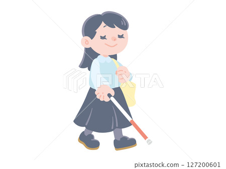 Illustration of a cute girl using a white cane 127200601