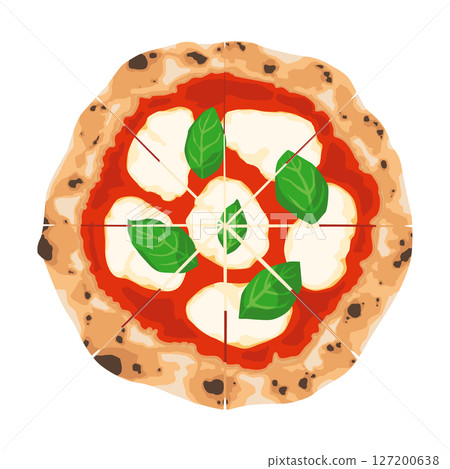Illustration of a Margherita pizza cut into eight equal parts 127200638