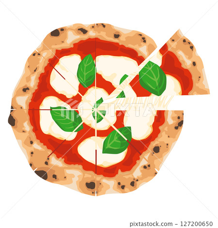 Illustration of a person lifting a slice of pizza Illustration of a person lifting a slice of pizza 127200650