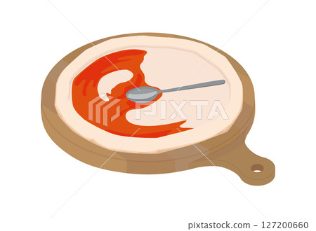 Illustration of spreading sauce on pizza dough on a cutting board Illustration of spreading sauce on pizza dough on a cutting board 127200660