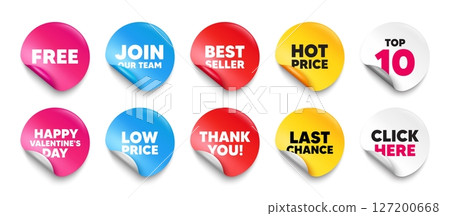 Free sticker tag. Top 10, Best seller, Hot price banners. Free tag. Special offer sign. Sale promotion symbol. Join our team sticker. Vector 127200668