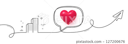 Skyscraper buildings line icon. Continuous line with share plane. City architecture sign. Town symbol. 3d heart in speech bubble. Skyscraper buildings single line ribbon. Loop curve pattern. Vector 127200676