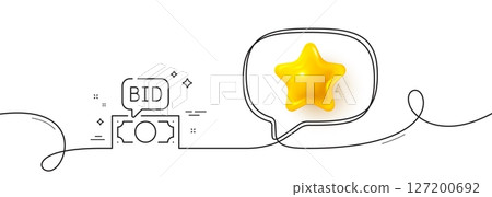 Bid offer line icon. Continuous line with 3d star. Auction sign. Raise the price up symbol. 3d star in speech bubble. Bid offer single line ribbon. Loop curve pattern. Vector 127200692
