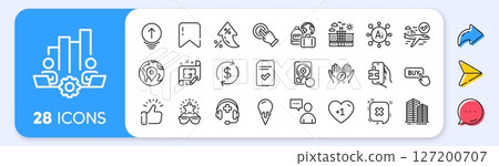 Swipe up, Touchscreen gesture and Pin line icons. Interest rate, AI generate, Inflation icons. Pack of Reject, Puzzle game, Ice cream icon. Confirmed flight, Hotel, Buy button pictogram. Vector 127200707
