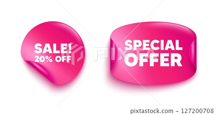 Sale sticker banner. Paper price label. Sale 20 percent off discount. Promotion price offer sign. Retail badge symbol. Paper sticker with message. Offer label banner. Vector Sale sticker banner. Paper price label. Sale 20 percent off discount. Promotion price offer sign. Retail badge symbol. Paper sticker with message. Offer label banner. Vector 127200708