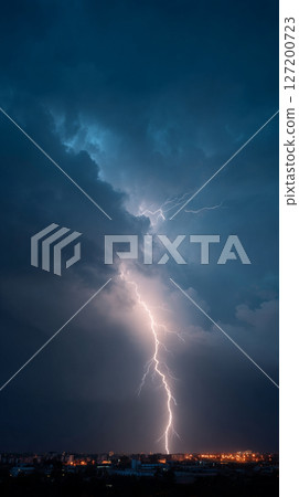 Vertical photo of lightning striking a city at night 127200723