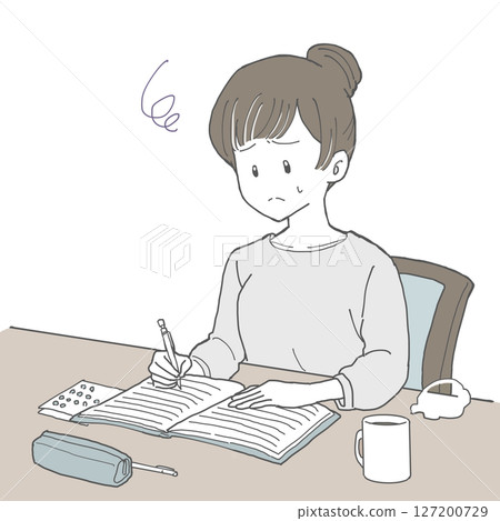 女人在筆記本上寫字 3 不滿漫畫符號 女人在筆記本上寫字 3 不滿漫畫符號 127200729