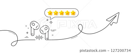 Headphone line icon. Continuous line with share plane. Mobile accessories sign. Earphones or headset symbol. Five star rate review in speech bubble. Headphone single line ribbon. Vector Headphone line icon. Continuous line with share plane. Mobile accessories sign. Earphones or headset symbol. Five star rate review in speech bubble. Headphone single line ribbon. Vector 127200734
