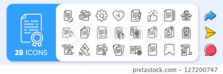 Documents line icons. Interest rate, AI generate, Inflation icons. Copy files, Contract agreement, Passport. CV interview, documents workflow, attachment clip icons. Vector Documents line icons. Interest rate, AI generate, Inflation icons. Copy files, Contract agreement, Passport. CV interview, documents workflow, attachment clip icons. Vector 127200747
