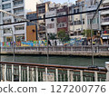 市中心一棟建築物後面的城市河流沿岸，一條長廊上鏽跡斑斑的柵欄另一側，是一幅色彩鮮豔的現代藝術插圖。 127200776