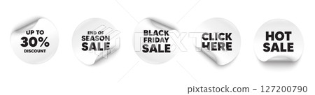 Discount tag sticker tag. Season sale, Black friday paper price banners. Up to 30 percent discount. Sale offer price sign. Special offer symbol. Save 30 percentages. Click here sticker. Vector 127200790
